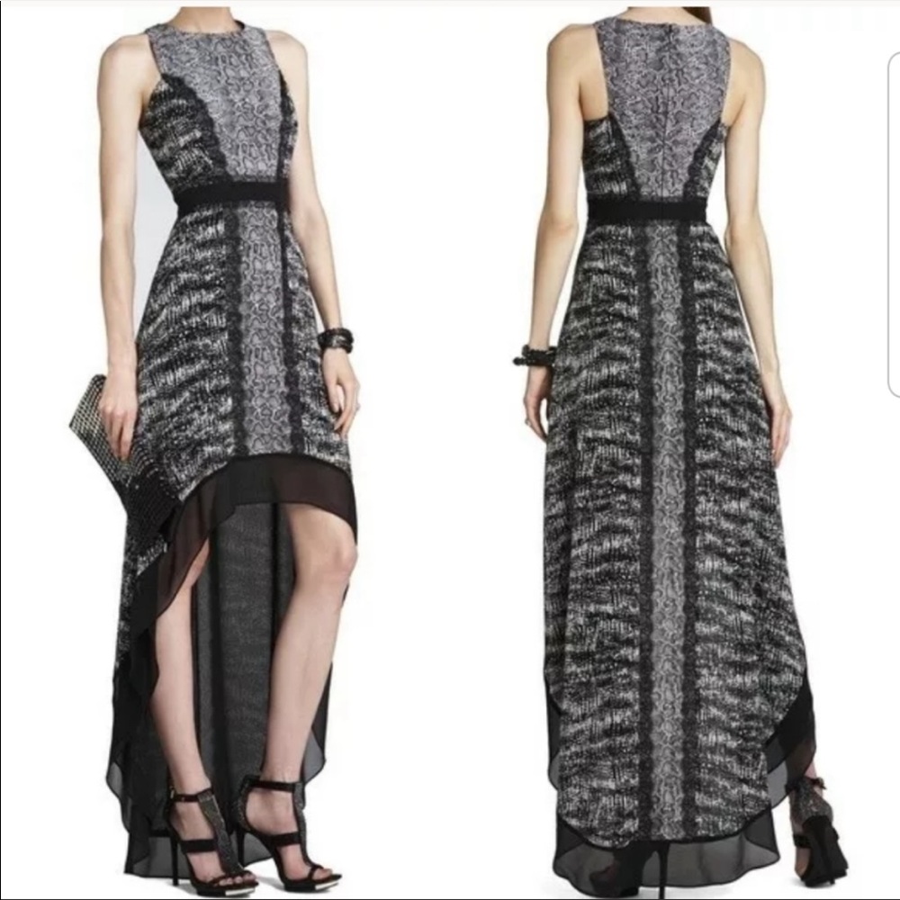 BCBG MaxAzria Sienna Black White Gray Animal Python Print Sienna High Low Dress
